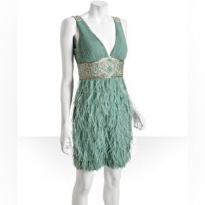 ISO SUE WONG Seafoam Pleated Tiered Ostrich Feather Dress.